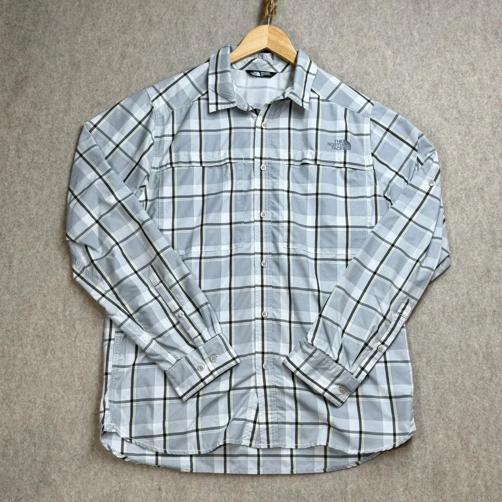 The North Face Mens Large Grey Plaid Long Sleeve Hiking Shirt Vent Mesh Back Lg